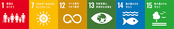 1:貧困をなくそう 7:エネルギーをみんなにそしてクリーンに 12:つくる責任つかう責任 13:気候変動に具体的な対策を 14:海の豊かさを守ろう 15:陸の豊かさも守ろう